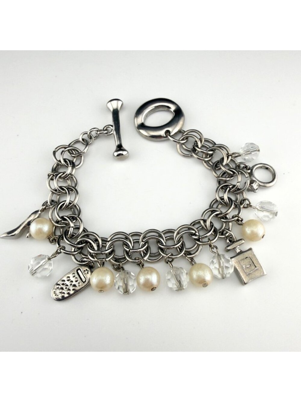 Silver Tone Charm Bracelet Perfume Phone Faux Pearls Crystal Toggle Clasp 7”